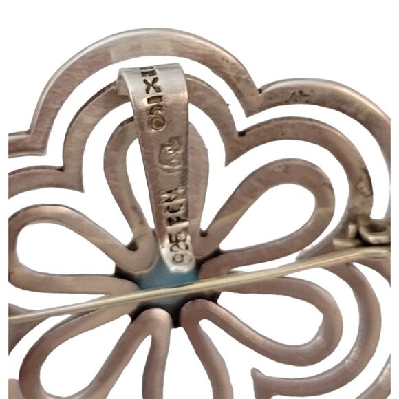 Sterling Silver Mexico Round Flower Cutout Turquoise Flower Brooch Pendant - Picture 6 of 8